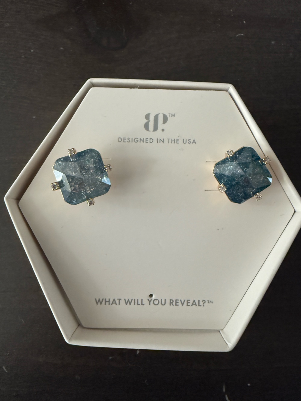 Bomb Party Ever Fleeting Flames Blue Square Crystal Stud Earrings Gold Plating